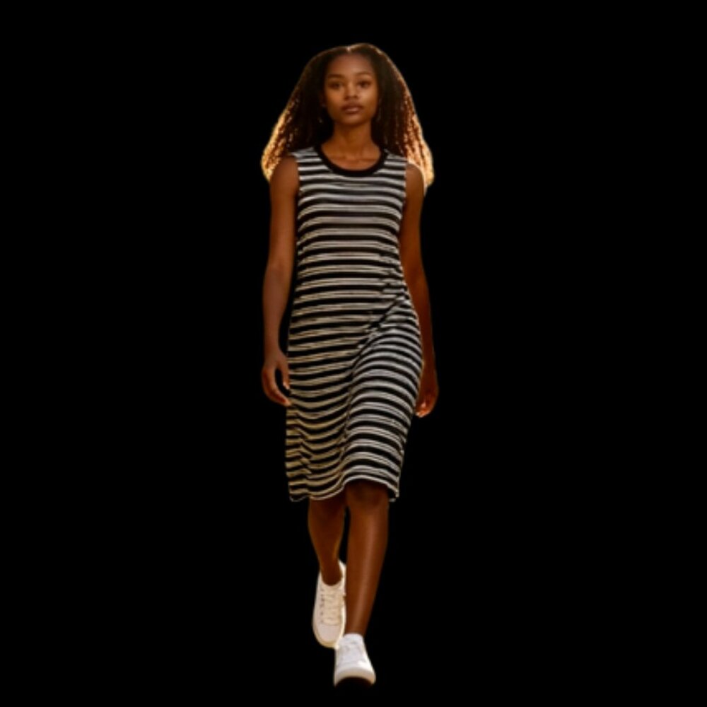 Time & Tru Women's Knit Tank Dress-Size L-Black/White Stripes-Knee Length